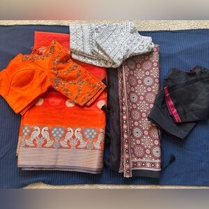 Lot of 2 sarees Ajrak print and cotton Jaipur saree with mix and match 3 blouses